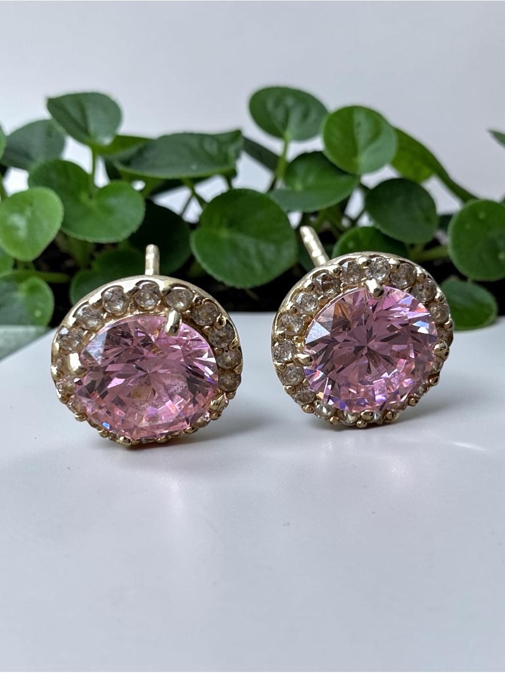 14K Solid Gold Round Pink CZ Halo Stud Earrings